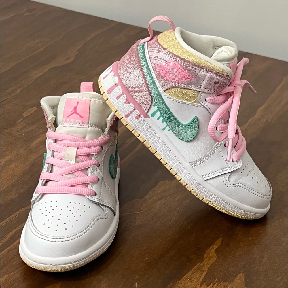 Air Jordan 1 Mid PAINT DRIP Ice Cream White Green Glow Arctic Punch Sz 11C kids